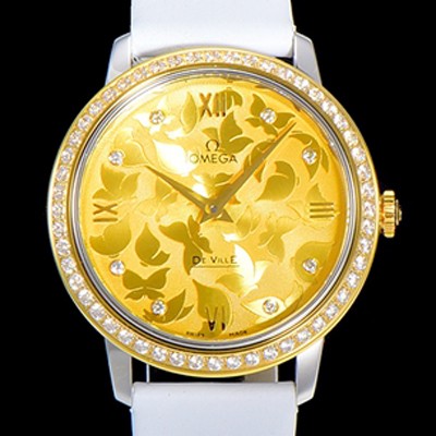 레플리카 [오메가] 여성용 드빌 프레스티지 32.7미리 쿼츠 금장 보석/큐빅 셋팅 4061타입 레이디 소가죽줄 골드다이얼 OMG79437  
