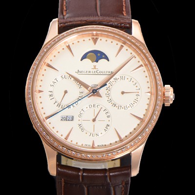 레플리카 [예거르꿀뜨르] 남성용 마스터 울트라 퍼페추얼 캘린더 18K 로즈골드 오토매틱 MC868 타입 39mm 가죽줄 다이아몬드베젤 문페이즈 아이보리다이얼 jag20778  