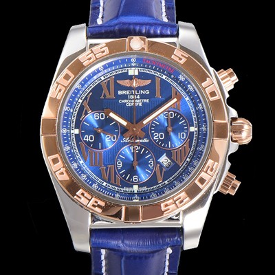 레플리카 [브라이틀링] 남성용 원드라이더 크로노맷 오토매틱 ETA-7750 기계식 44mm 18K 로즈골드 가죽줄 블루다이얼 bre1915  