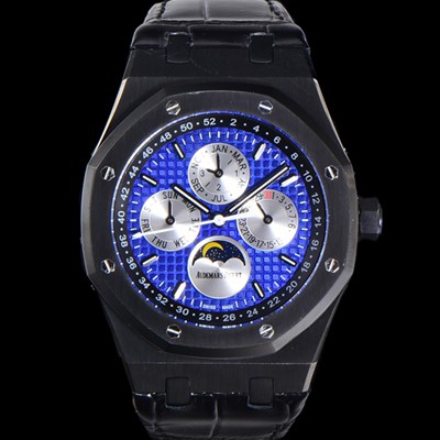 레플리카 [오데마피게] 남성용 로얄오크 퍼펙츄얼 캘린더 41mm 오토매틱 T5134 타입 PVD블랙 무광 코팅 가죽줄 블루다이얼  aud5192  