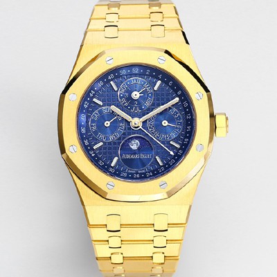 레플리카 [오데마피게] 남성용 로얄오크 26574 퍼페츄얼 캘린더 문페이즈 18K 옐로우골드 41mm 블루 다이얼 신형 5134 오토매틱 무브먼트 aud4211  