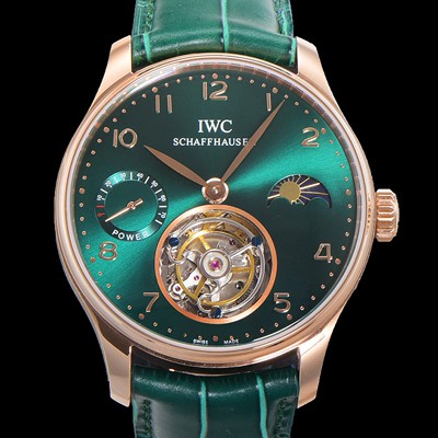 레플리카 [아이더블유씨] 남성용 신제품 UP!! 포르투기즈 컴플리케이션 하이  "투어빌론 문페이즈 파워 리저브"아시안 투어빌론 탑재  18K 로즈골드 42mm 가죽줄 그린 다이얼   iwc1599  