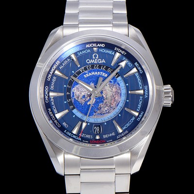 레플리카 [오메가] 남성용 씨마스터 220.10.43.22.03.001 아쿠아테라 150미터 GMT 오토매틱 월드타이머 43미리 메탈줄 블루다이얼 OMG23495  