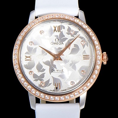 레플리카 [오메가] 여성용 드빌 프레스티지 32.7미리 쿼츠 금장 보석/큐빅 셋팅 4061타입 레이디 소가죽줄 화이트다이얼 OMG79446  