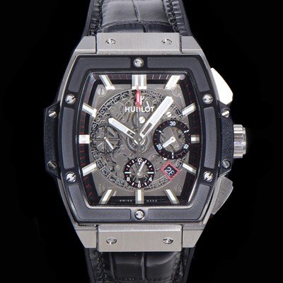 레플리카 [휴블렛] 남성용 스피릿 빅뱅 마스터피스 크로노그래프 Hub4700타입 45mm 다이아몬드 셋팅 가죽줄 스켈래톤다이얼 hub1592  