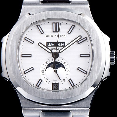 레플리카 [파텝필립] 남성용 파텍필립 신형 노틸러스 데이데이트 문페이즈 화이트 텍스쳐드 다이얼 기계식 자동형 무브먼트 PAT0130  
