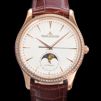 레플리카 [예거 르꿀르뜨] 남성용 마스터 울트라 씬 문페이즈 오토매틱 925타입 18K로즈골드/다이아몬드 베젤 39mm 가죽줄 화이트다이얼 jag1519  