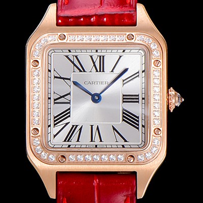 레플리카 [까르띠에]여성용 산토스 두몽트 쿼츠 38미리 S/S  금장시계 보석/큐빅 튜닝 실버다이얼 CAR26865  