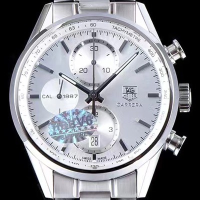 레플리카 [태그호이어] 남성용 까레라 칼리버 1887 크로노그래프 화이트 다이얼 7750 오토매틱 TAG0242  
