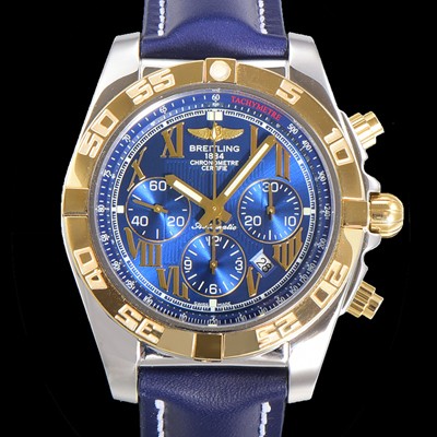 레플리카 [브라이틀링] 남성용 원드라이더 크로노맷 오토매틱 ETA-7750 기계식 44mm 18K 옐루골드 가죽줄 블루다이얼 bre2531  