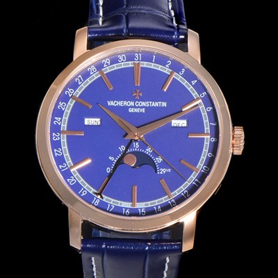 레플리카 [바쉐런콘스탄팀] 남성용 트레디셔널 문페이즈 오토매틱 2460QCL 타입 41mm 18K 로즈골드 가죽줄 블루다이얼 vac1921  