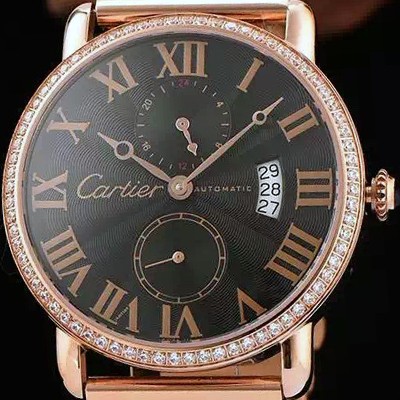 레플리카 [까르띠에] 남성용 롱드더 까르띠에 서브 세컨즈 18k 로즈골드 쥬얼 다이아몬드 베젤 물결무늬 블랙 다이얼 골드 로마 인덱스 스위스 ETA 2824-A2오토매틱 무브먼 CAR0300  
