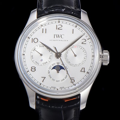 레플리카 [아이더블유씨] 남성용 포르투기즈 퍼페추얼 캘린더 문페이즈 오토매틱 42mm Cal.82650 타입 가죽줄 화이트다이얼   iwc42081  