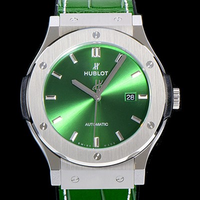 레플리카 [휴블렛] 남성용 클래식 퓨전 45미리 오토매틱 9015 타입 가죽/러버 믹스 그린다이얼 HUB73559  