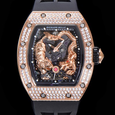 레플리카 [리차드밀레] 남성용 리차드밀 RM035 타이거&드래곤 미쉘 요 워치!! 수공 맞물림 형식의 쥬얼세팅 고급스러운 18K 로즈골드 스켈레톤 다이얼 오토매틱 무브먼트 RIC0451  