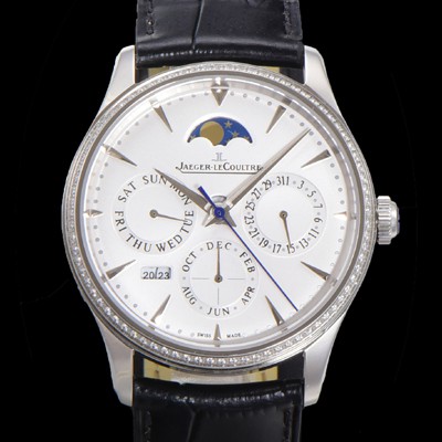 레플리카 [예거르꿀뜨르] 남성용 마스터 울트라 퍼페추얼 캘린더 오토매틱 MC868 타입 39mm 가죽줄 다이아몬드베젤 문페이즈  화이트다이얼 jag24492  