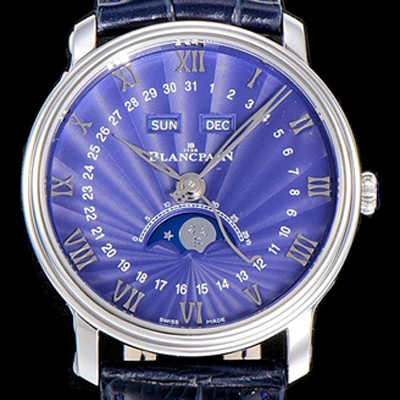 레플리카 [블랑팡] 남성용 빌레레 퀀탬 컴플레트 문페이즈 Cal.6654 오토매틱 40미리 블랙가죽줄  블루다이얼 BLA77838  