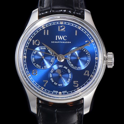 레플리카 [아이더블유씨] 남성용 포르투기즈 퍼페추얼 캘린더 문페이즈 오토매틱 42mm Cal.82650 타입 가죽줄 블루다이얼   iwc60715  
