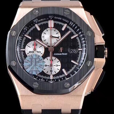 레플리카 [오데마피게] 남성용 NEW MOVT UP!! 로얄오크 오프쇼어 26401RO.OO.A002CA.01 18K 로즈골드 블랙 세라믹 베젤 크로노그래프 블랙 와플 다이얼 오토매틱 무브먼트 AUD40200  