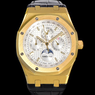 레플리카 [오데마피게] 남성용 로얄오크 퍼펙츄얼 캘린더 41mm 오토매틱 T5134 타입 18K옐루골드 가죽줄 화이트다이얼  aud3191  