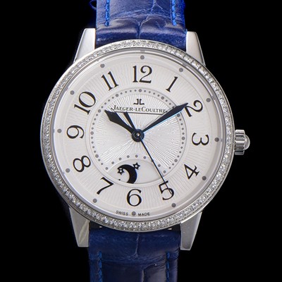 레플리카 [예거 르꿀르뜨] 여성용 랑데뷰 나잇&데이 문페이즈 오토매틱 898A 타입 무브 34mm 보석 배젤 가죽줄  화이트다이얼 jag1521  