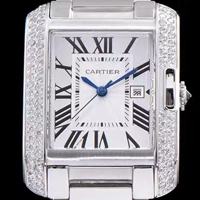 레플리카 [까르띠에] 남성용 탱크 WT100028 앙글레즈 워치!! 브릴리언트 컷 다이아몬드 베젤 실버 마감 래커 플렝케 다이얼 쿼츠 무브먼트 CAR0014  