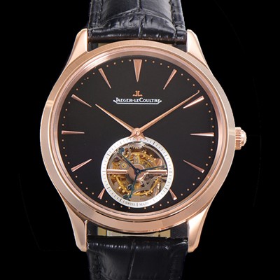 레플리카 [예거 르꿀르뜨] 남성용 마스터 울트라 씬 투어빌론 43mm 18K로즈골드 가죽줄 아이보리 다이얼  jag1925  