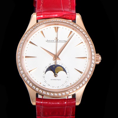 레플리카 [예거르꿀뜨르] 남성용 마스터 울트라 씬 문페이즈 39mm 오토매틱 866타입 18K로즈골드/다이아몬드 베젤 가죽줄 화이트다이얼 jag2319  