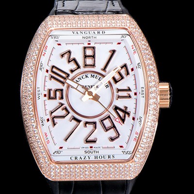 레플리카 [프랭크뮬러] 남성용 뱅가드 오토매틱 CZ02타입 44미리 18K로즈골드/보석/큐빅 셋팅 가죽줄/스트랩 화이트다이얼 FRA73777  