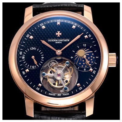 레플리카 [바쉐론콘스탄틴] 남성용 최고의 디테일!! 패트리모니 투어빌론 & GMT 문페이즈 고급스러운 18K 로즈골드 블랙 텍스쳐드 다이얼 아시안 투어빌론 탑재 무브먼트 VAC0220  