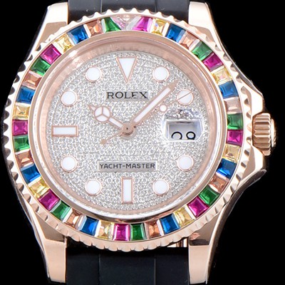 레플리카 [로렉스] 남성용 오이스터 페페츄얼 요트-마스터 126655 “다이아몬드 파베 다이얼” 레인보우 바게크 컷 세팅 베젤 오토매틱 무브먼트 ROL0542  