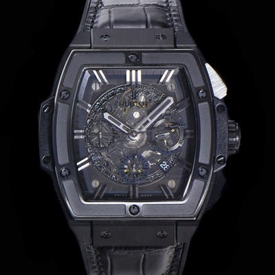 레플리카 [휴블렛] 남성용 스피릿 빅뱅 마스터피스 크로노그래프 Hub4700타입 45mm PVD코팅 가죽줄 스켈래톤다이얼 hub1512  