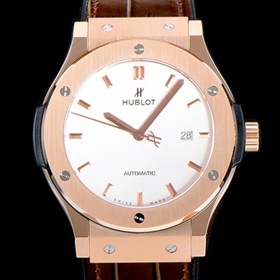 레플리카 [휴블렛] 남성용 클래식 퓨전 45미리 금장 오토매틱 9015 타입 가죽/러버 믹스 화이트다이얼 HUB73536  