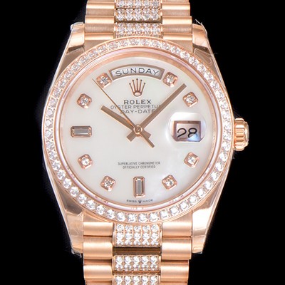레플리카 [로렉스] 남성용 데이데이트 오토매틱 Cal.3235타입 36mm 금장시계 로즈골드 올금 다이아베젤부착 메탈줄 화이트다이얼 rol36582  
