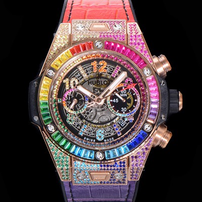 레플리카 [휴블렛] 남성용 빅뱅 유니코  45mm 오토매틱 HUB1280 타입 18K 로즈골드/다이아몬드 풀케이스 러버줄 스켈래톤 다이얼  hub2151  