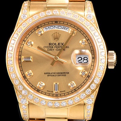 레플리카 [로렉스] 남성용 오이스터 퍼페츄얼 118348 데이데이트 최상급쥬얼 다이아몬드 세팅 18K 옐로우 골드 브레이슬릿 오토매틱 무브먼트 ROL0300  