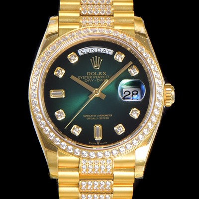 레플리카 [로렉스] 남성용 데이데이트 오토매틱 Cal.3235타입 36mm 금장시계 옐루골드 올금 다이아베젤부착 메탈줄 그린다이얼 rol75203  