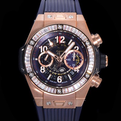 레플리카 [휴블렛] 남성용 빅뱅 유니코  45mm 오토매틱 HUB1280 타입 18K 로즈골드/다이아몬드 베젤 러버줄 스켈래톤 다이얼  hub9191  