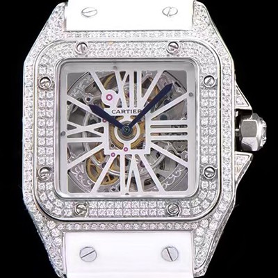 레플리카 [까르띠에] 남성용 신상출시!!산토스 뒤몽 컬렉션 18k 화이트 골드 다이아몬드 셋팅 스켈레톤 다이얼 오토매틱 무브먼트 CAR0110  