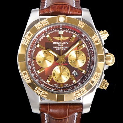 레플리카 [브라이틀링] 남성용 원드라이더 크로노맷 오토매틱 ETA-7750 기계식 44mm 18K 옐루골드 가죽줄 브라운다이얼 bre5391  