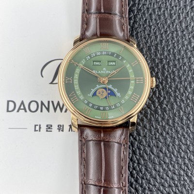 레플리카 [블랑팡] 남성용 빌레레 퀀탬 컴플레트 40mm 문페이즈 18K 로즈골드 오토매틱 Cal.6654타입 그린 다이얼 bla4218  