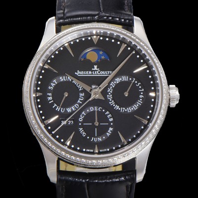 레플리카 [예거르꿀뜨르] 남성용 마스터 울트라 퍼페추얼 캘린더 오토매틱 MC868 타입 39mm 가죽줄 다이아몬드베젤 문페이즈  블랙다이얼 jag49774  