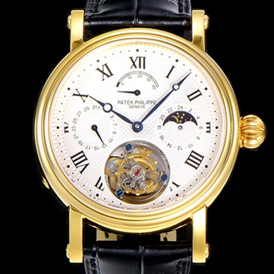 레플리카 [파텍필립] 남성용 그렌드 컴플리케이션 투어빌론 문페이즈 42mm 옐루골드 금장시계 가죽줄 오토매틱 화이트다이얼 PAT75392  