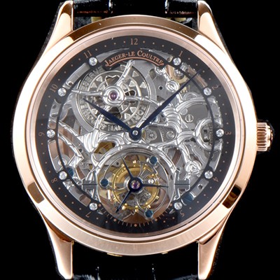 레플리카 [예거르쿨트르] 남성용 신형 마스터 그랜드 투어빌론 18K 로즈골드 케이스 쥬얼 다이아몬드 인덱스 블랙&실버 스켈레톤 다이얼 투어빌론 무브먼트 JAG0402  