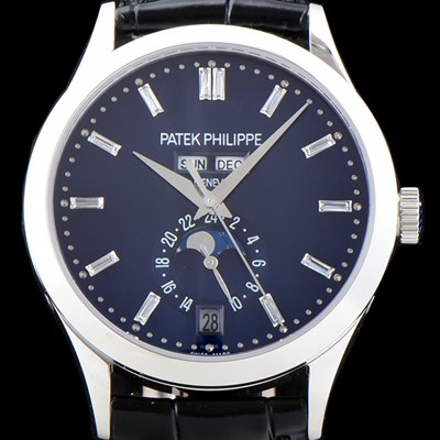레플리카 [파텍필립] 남성용 신형!!컴플리케이션 5396R-014 에뉴얼 캘린더 데이-데이트 문페이즈 바게트 컷 다이아몬드 인덱스 네이비 다이얼 Cal.324 S C 오토매틱 무브먼트 PAT0101  