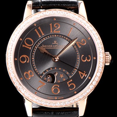 레플리카 [예거르꿀르뜨] 남성용 랑데부 나잇&데이 3442150 레이디 워치 18K 로즈골드 최상급 다이아몬드 세팅 베젤 문페이즈 그레이 다이얼 오토매틱 무브먼트 JAG0423  