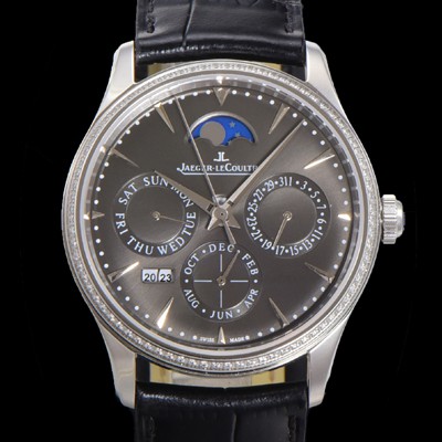 레플리카 [예거르꿀뜨르] 남성용 마스터 울트라 퍼페추얼 캘린더 오토매틱 MC868 타입 39mm 가죽줄 다이아몬드베젤 문페이즈  그레이 다이얼 jag70487  