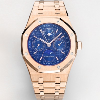 레플리카 [오데마피게] 남성용 로얄오크 26574 퍼페츄얼 캘린더 문페이즈 18K 로즈골드 41mm 블루 다이얼 신형 5134 오토매틱 무브먼트 aud4212  