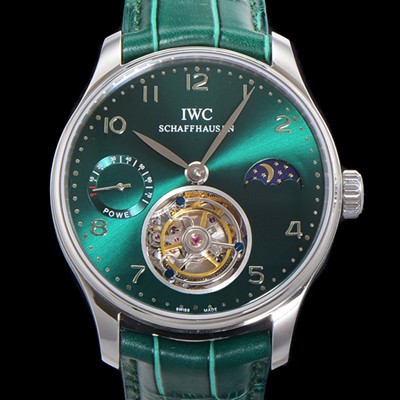 레플리카 [아이더블유씨] 남성용 신제품 UP!! 포르투기즈 컴플리케이션 하이  "투어빌론 문페이즈 파워 리저브"아시안 투어빌론 탑재  42mm 가죽줄 그린 다이얼   iwc9359  
