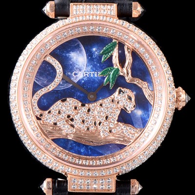 레플리카 [까르띠에] 남성용 팬더 오 끌레르 드 륀 드 까르띠에 HPI00712 18K 로즈골드 하이 쥬얼 세팅 픽첼 다이얼 스위스 쿼츠 무브먼 CAR0012  